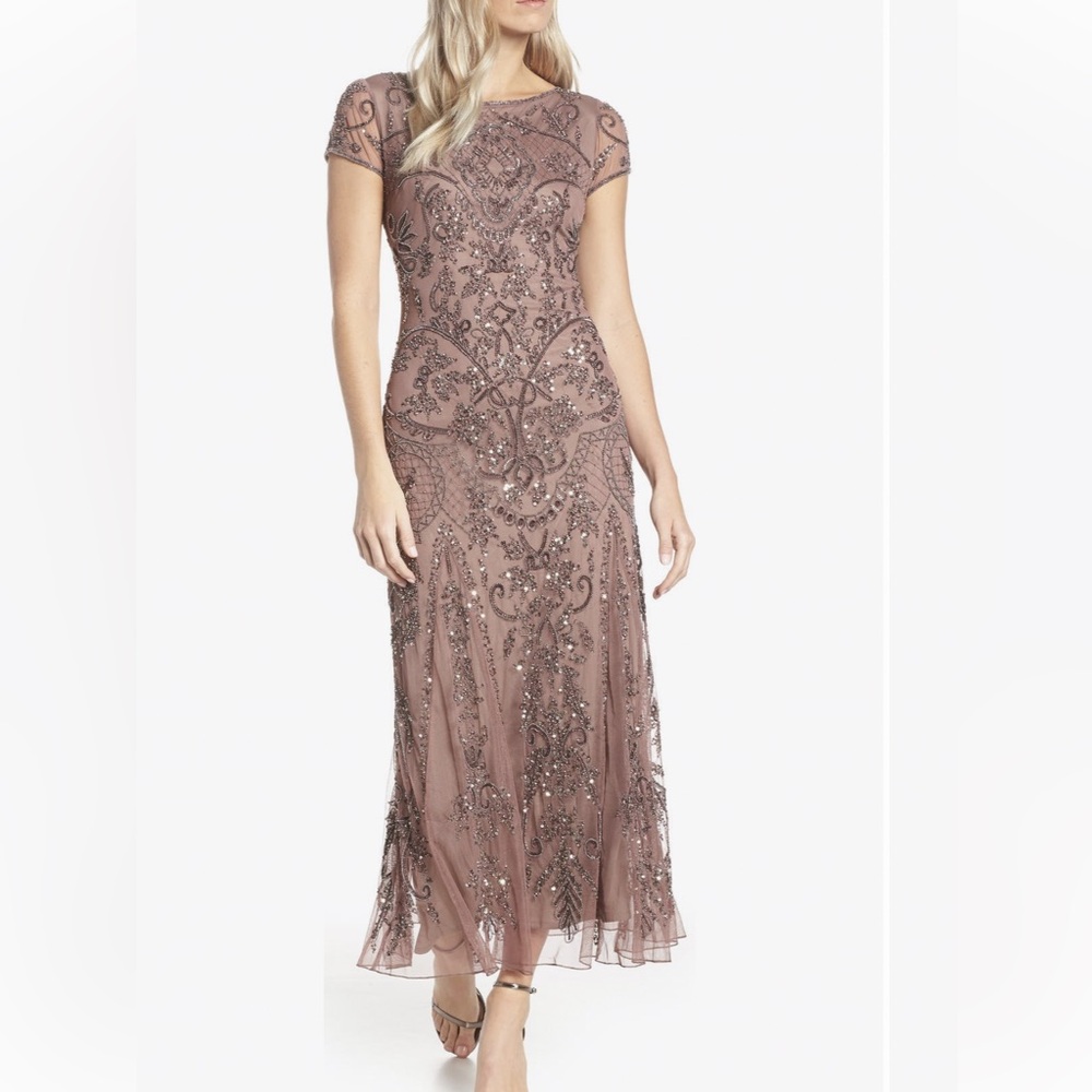 Pisarro Nights Beaded Mesh Midi Cocktail Dress
